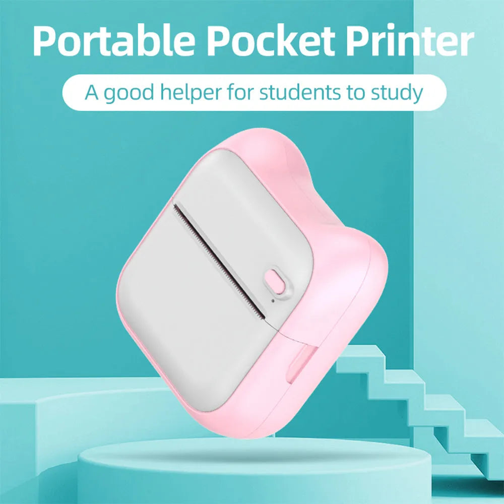 Mini Pocket Printer for students and home, Bluetooth thermal, USB charging, 1000 mAH, pink or blue, 90x45x82mm