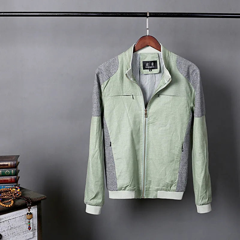 Men's thin blue linen casual jacket with a regular fit on a hanger.