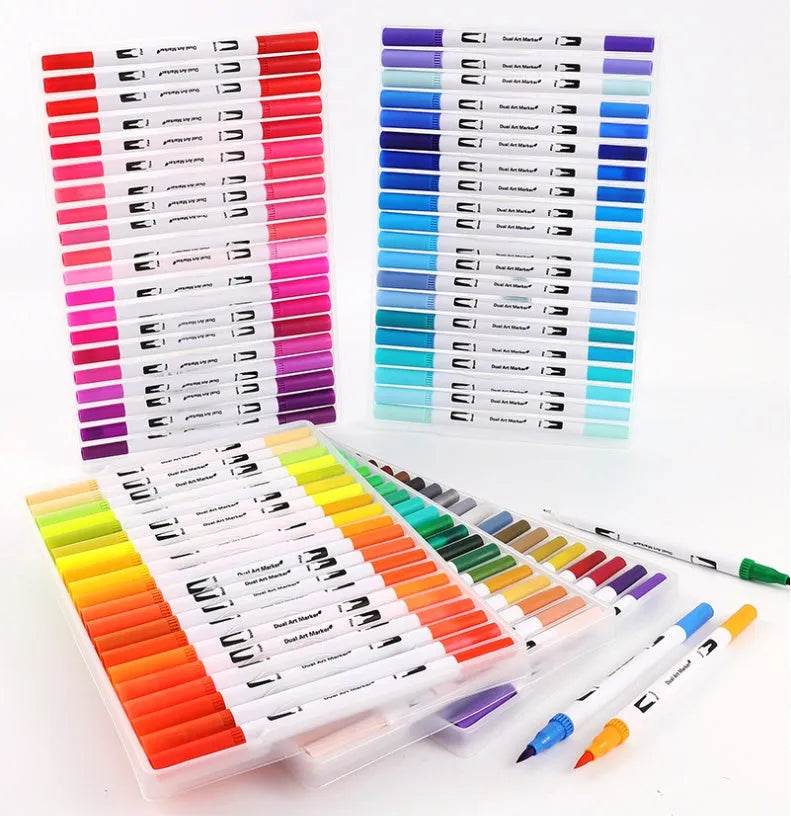 Set of watercolour pens in a case showing multiple colour options for artistic use.
