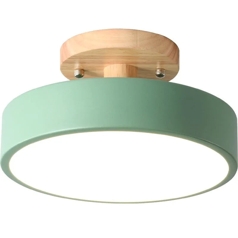Nordic minimalist ceiling light with wood art body and acrylic shade in Grey, Green, Log, Pink, or White, 20cm to 30cm