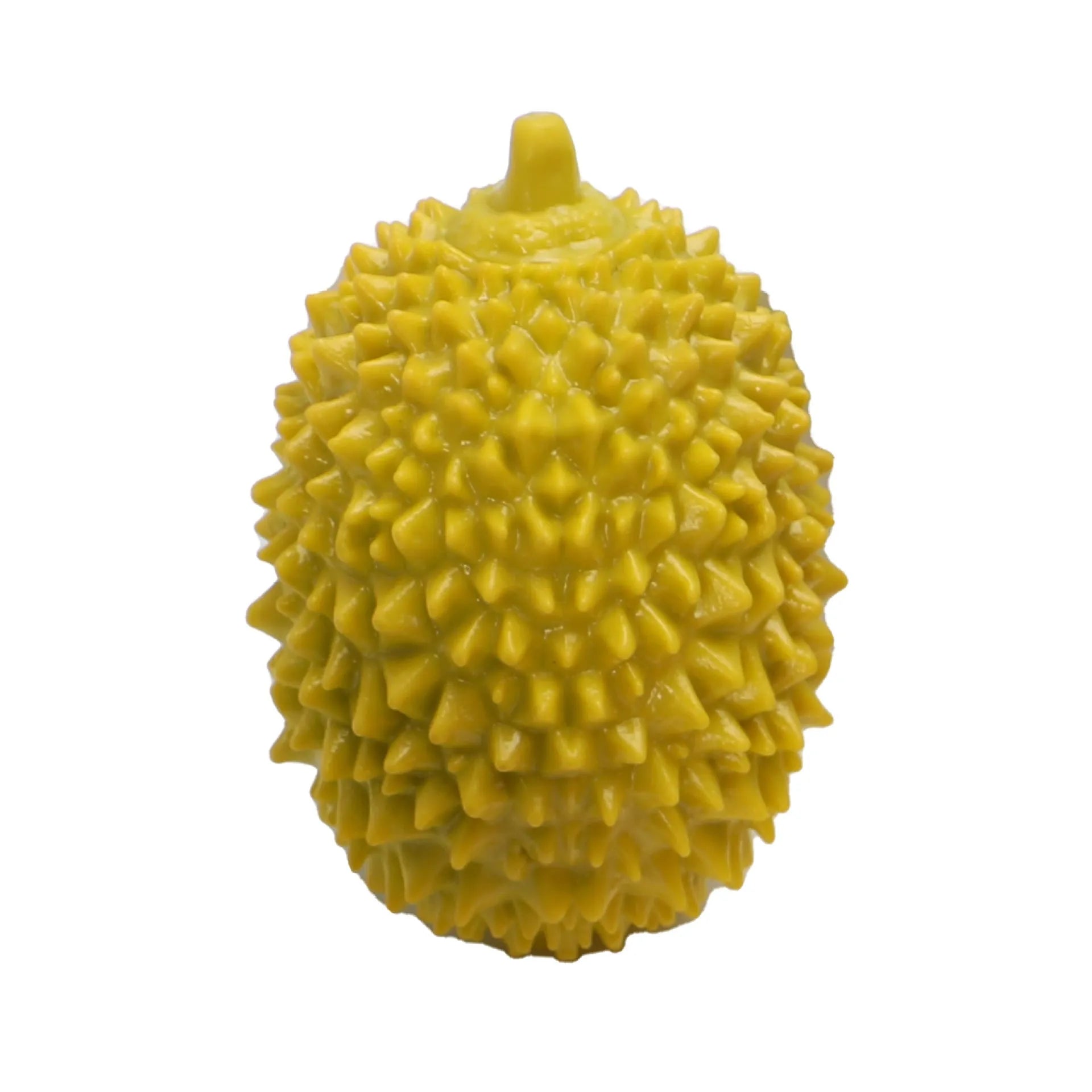 Beige, green and yellow durian-shaped dog chew toy with raised texture for dental cleaning