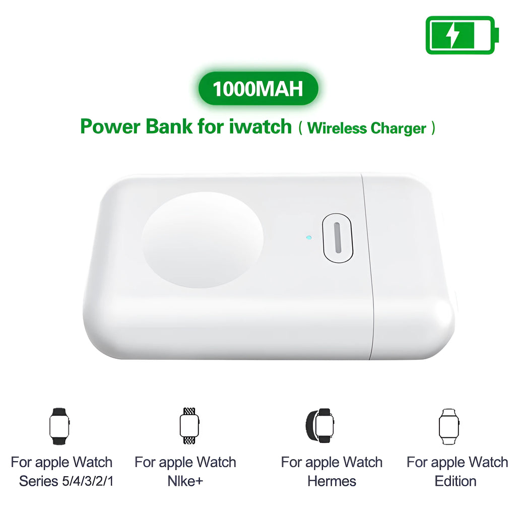 White 1000mAh portable magnetic wireless charger for Apple Watch showing compact size