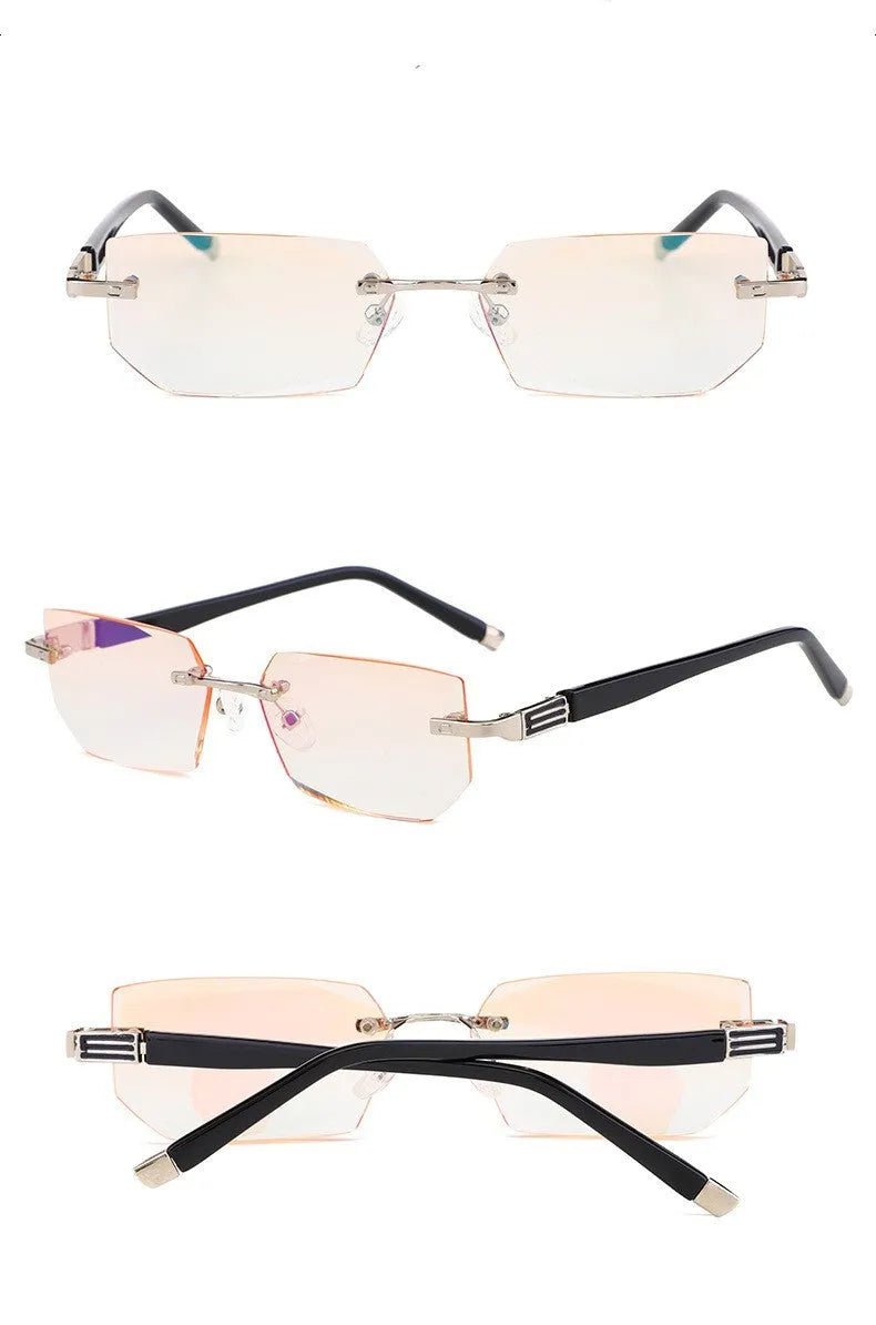 Black metal diamond-cut reading glasses with tan accents on the temples, unisex design, available in 100 to 400 degree strengths.
