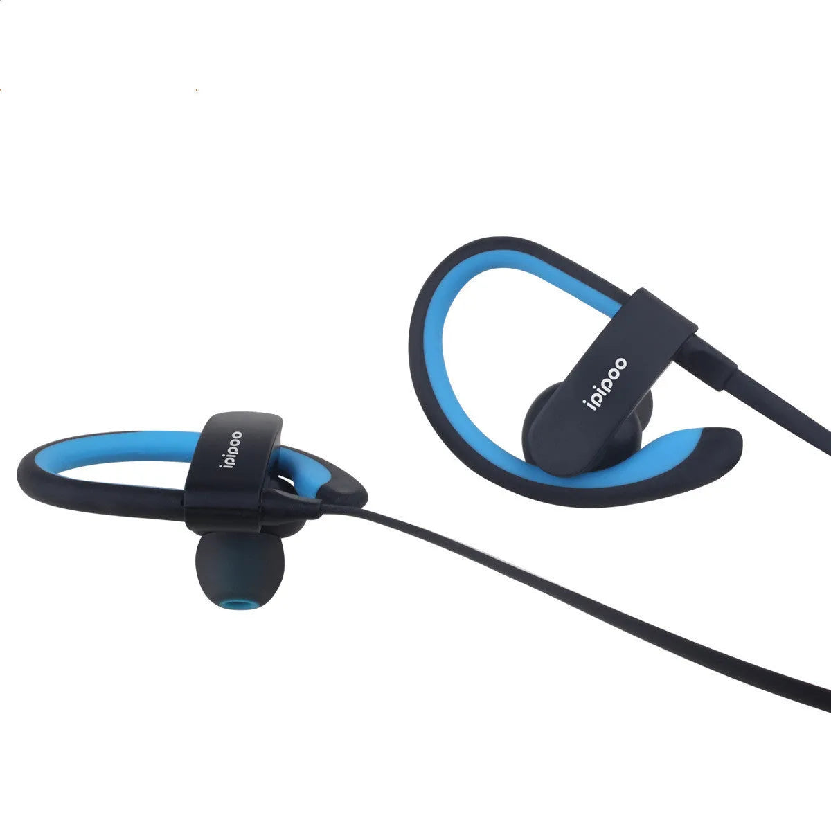 Wireless sports headphones in blue, grey, red and yellow colours showing earplug design