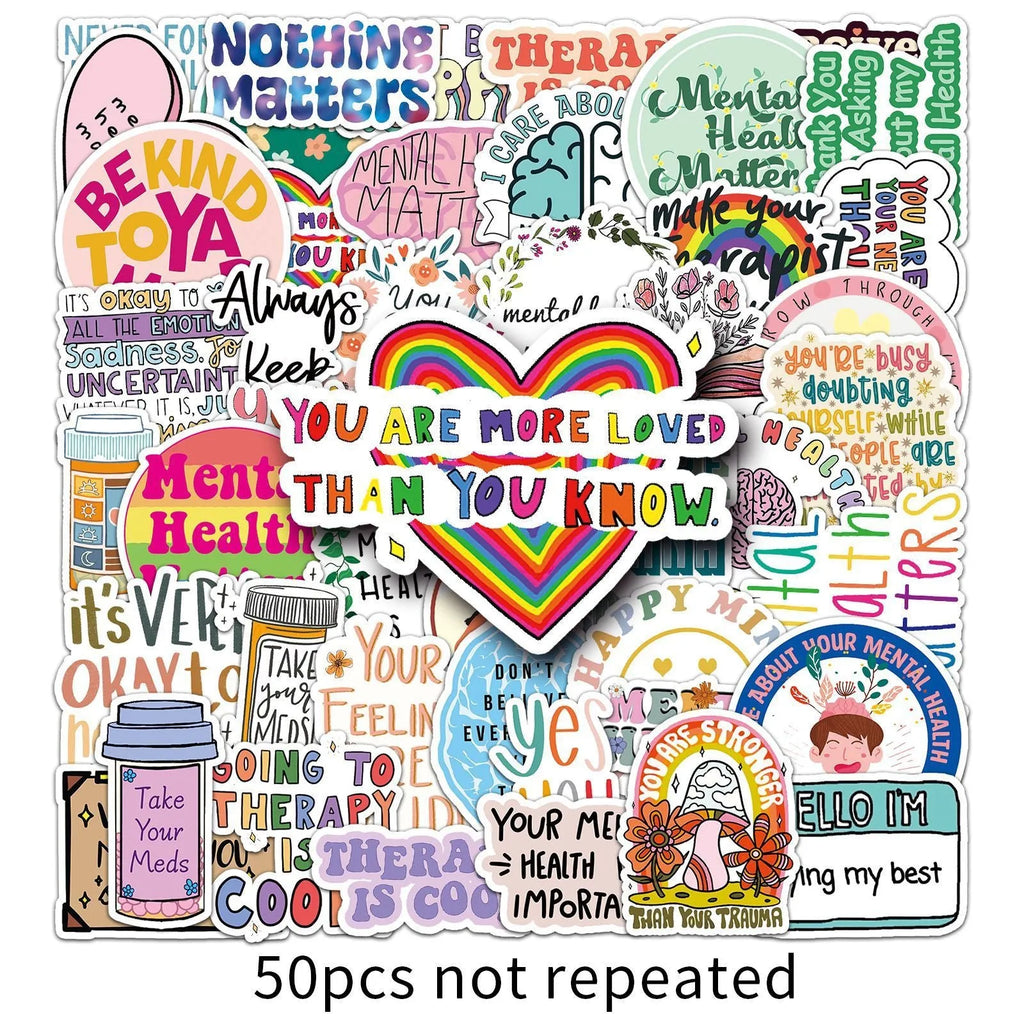 50 mental health graffiti stickers in English slogan designs, paper, 5.5-8.5cm, for phone cases and luggage