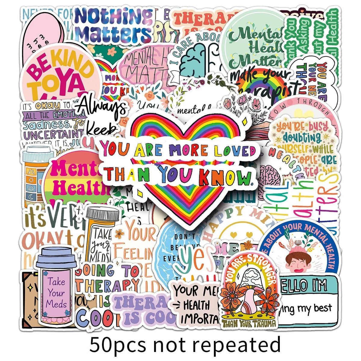 50 mental health graffiti stickers in English slogan designs, paper, 5.5-8.5cm, for phone cases and luggage