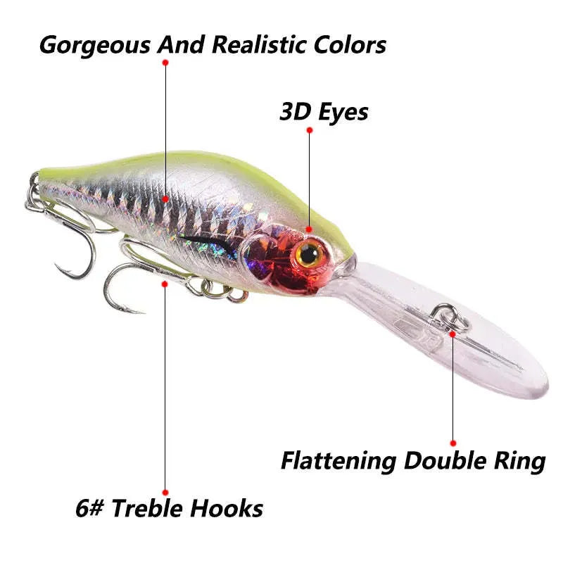 Little Fat Man Deep Diving Mino fishing lure showing long tongue board and colour options.