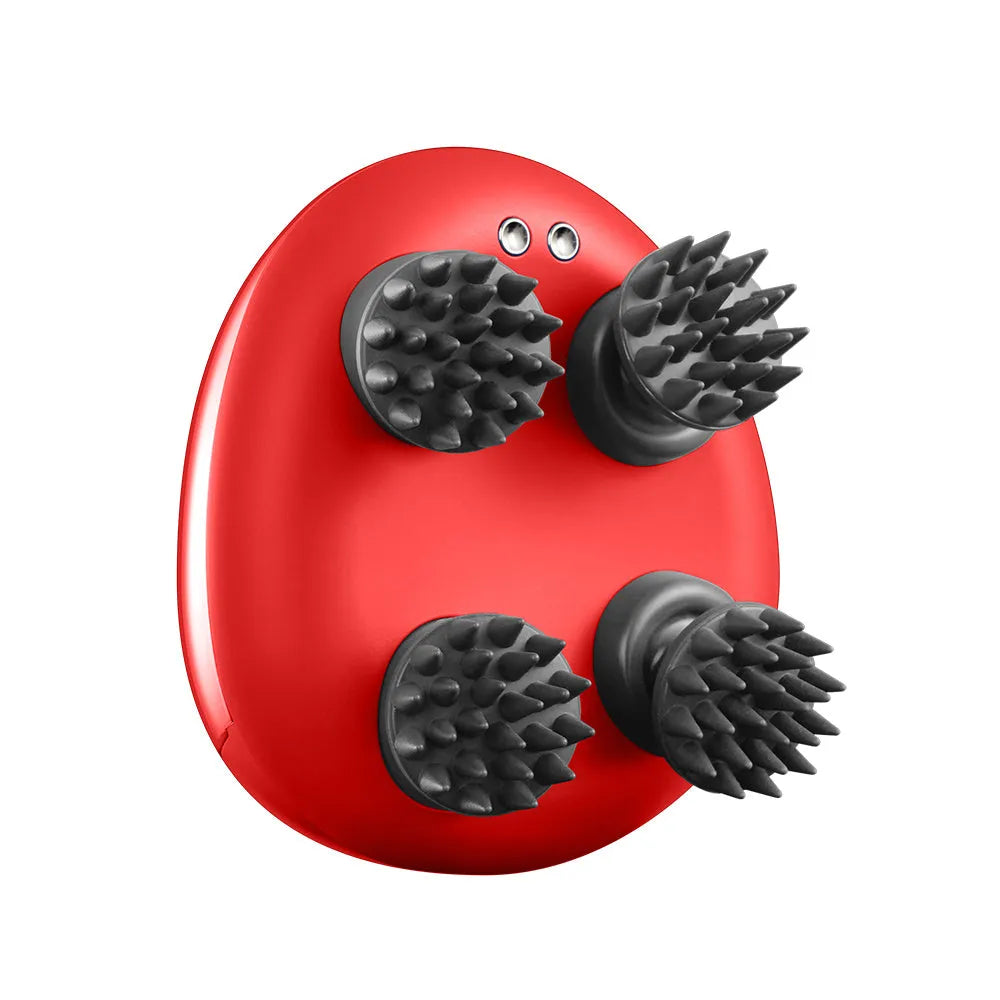 Red electric scalp massager with dimensions 110x120x82mm for relieving head tension