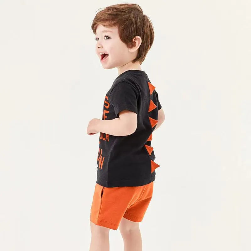 Boys' black cotton short sleeve t-shirt and shorts two-piece set in sizes 90cm to 140cm
