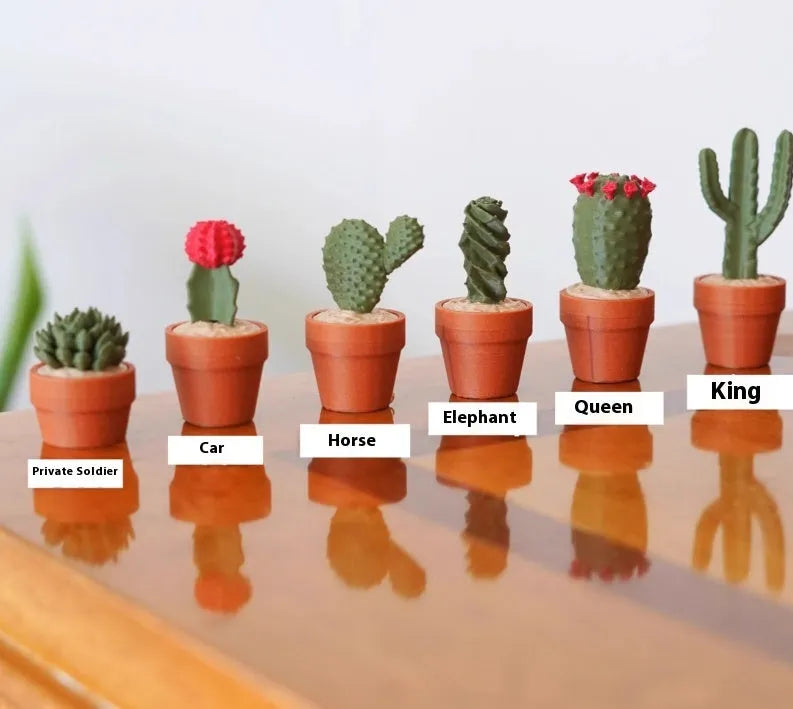 Full magnetic cactus succulent theme chess set with 24 3D printed PLA pieces on a board