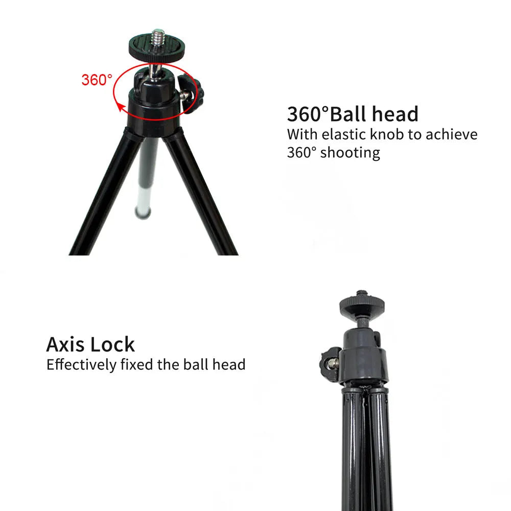Mini aluminium tripod extended with ball head, shown alongside a U-shaped smartphone clip on a table.