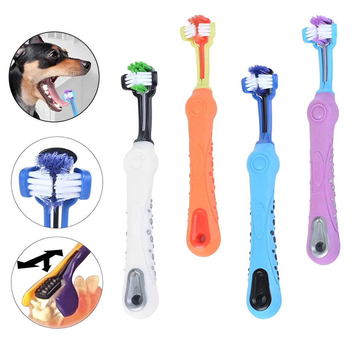 Three sided pet toothbrush with PP and TPR handle and nylon bristles, 17.1cm, for dog and cat teeth care