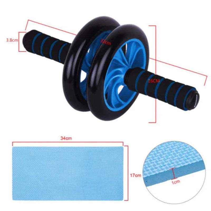Dark blue double-wheel abdominal roller with sponge grips, push-up support and palm guard, 16.5cm and 14.5cm roller diameters