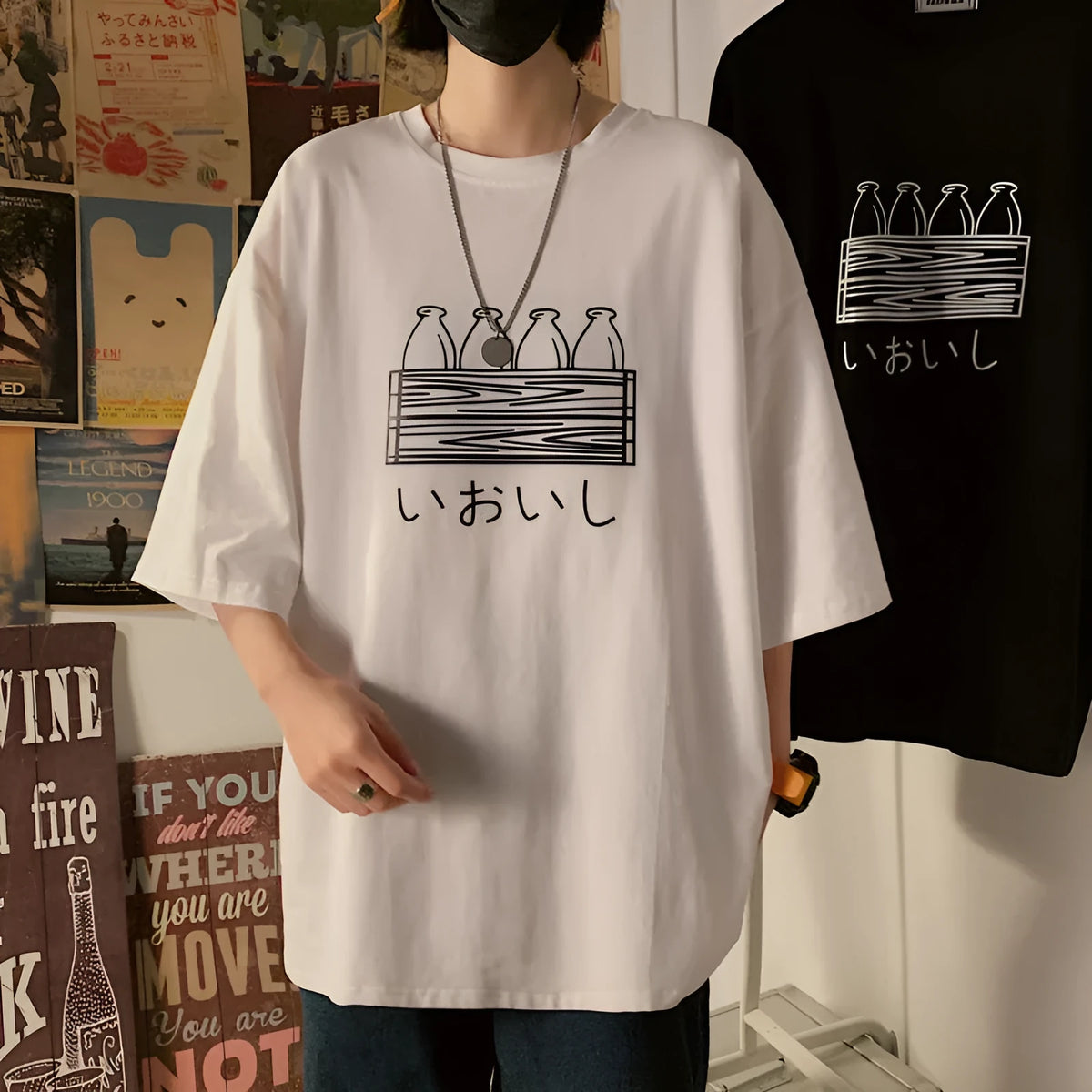 Printed Hong Kong style t-shirt in black or white, loose fit short sleeve cover head neckline, sizes 3XL to L