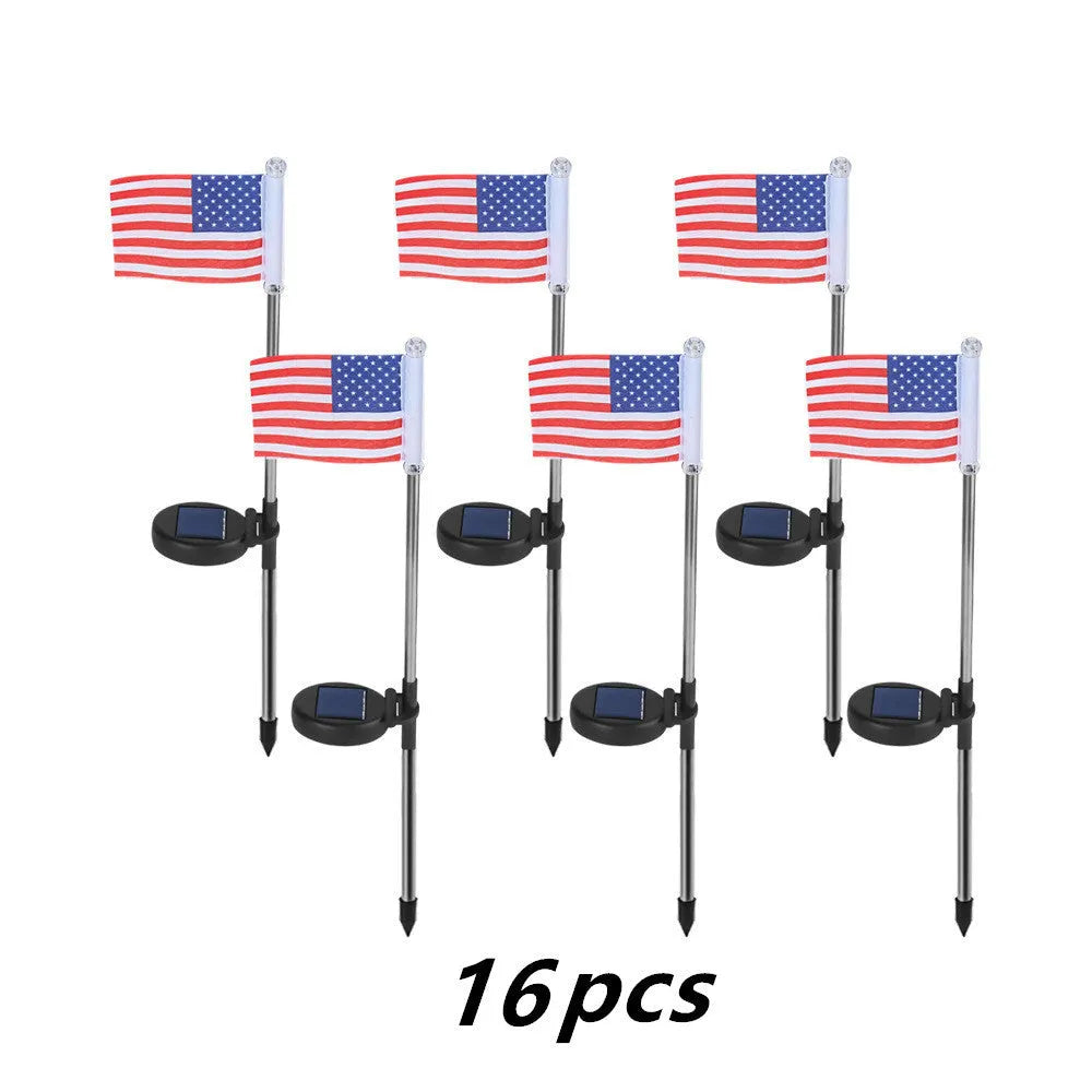 Solar garden flag light with American flag design on stainless steel stake