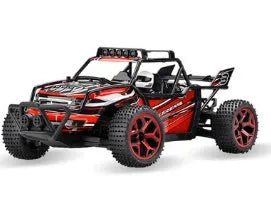 Blue 1:18 scale remote control off-road drift car with 2.4GHz remote on a grey surface.