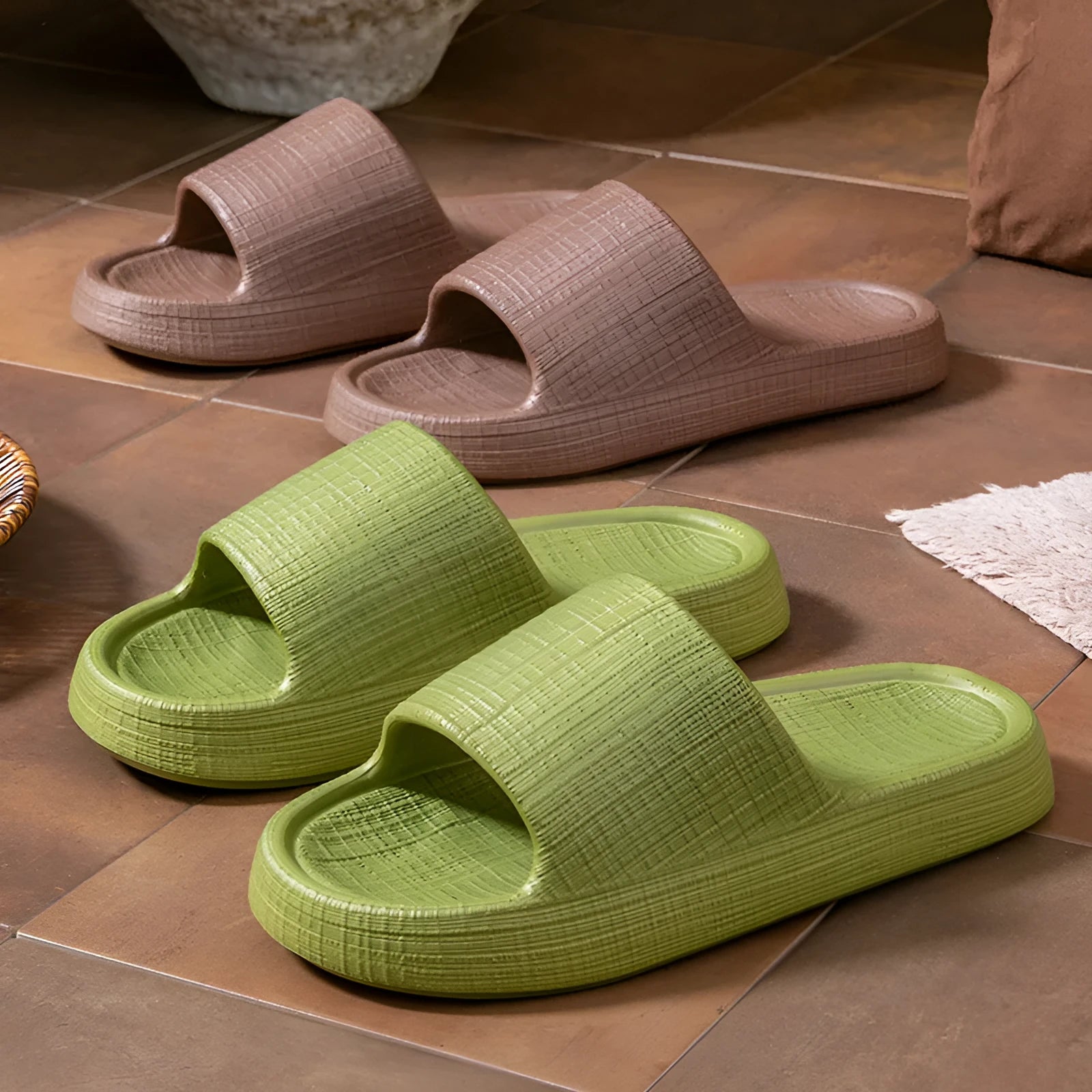 Women's soft EVA non-slip toe ring flip-flop slippers in five colour options.