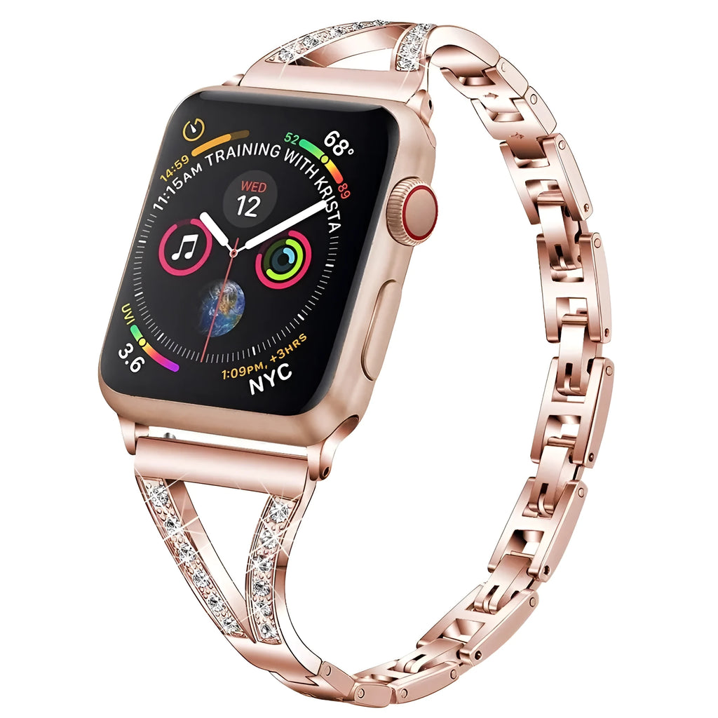Stainless steel Apple Watch strap with diamond-studded connectors in multiple colour options.