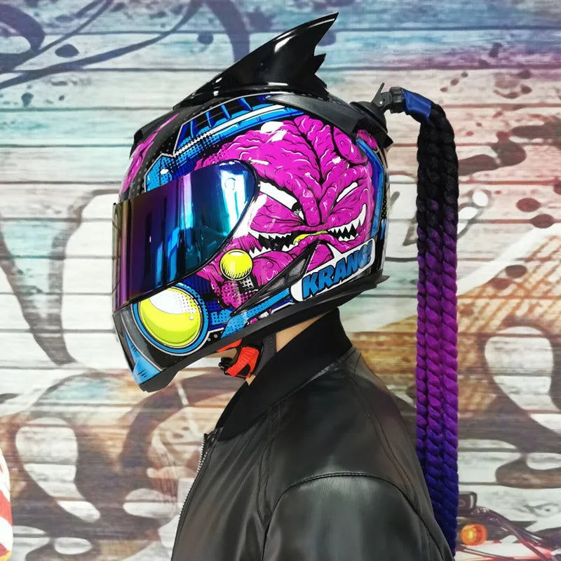 Couples' dirty braids full-face motorcycle helmet in Black Clown design, showing ABS shell.