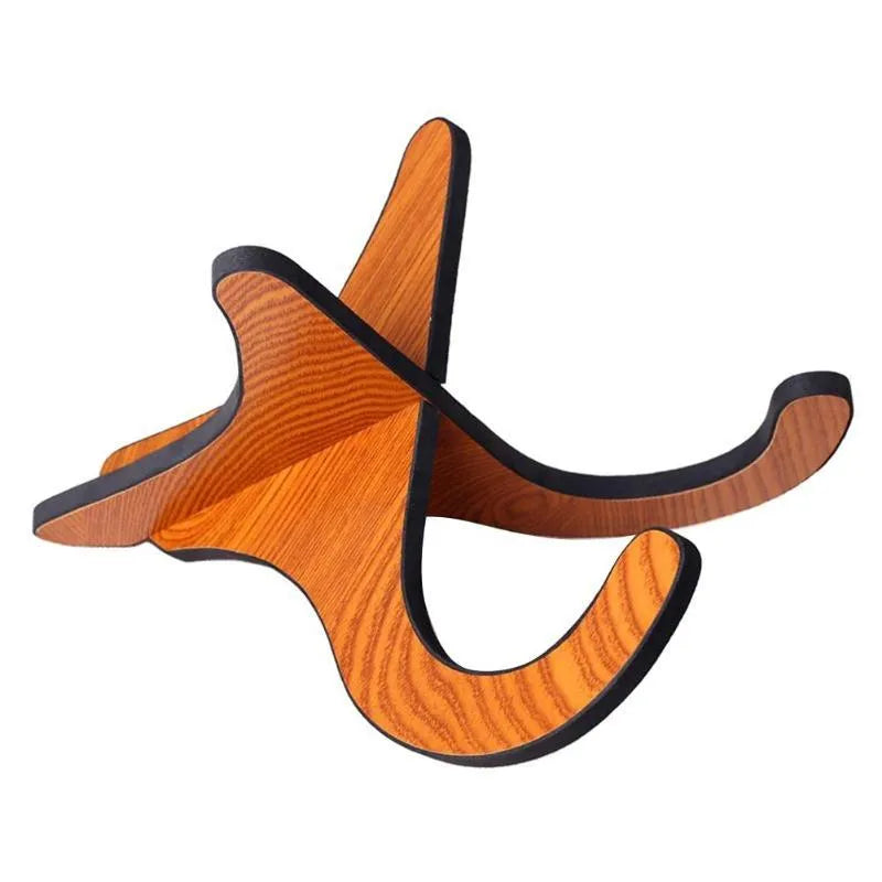 Wooden folding ukulele stand with EVA anti-slip foam holding a ukulele upright