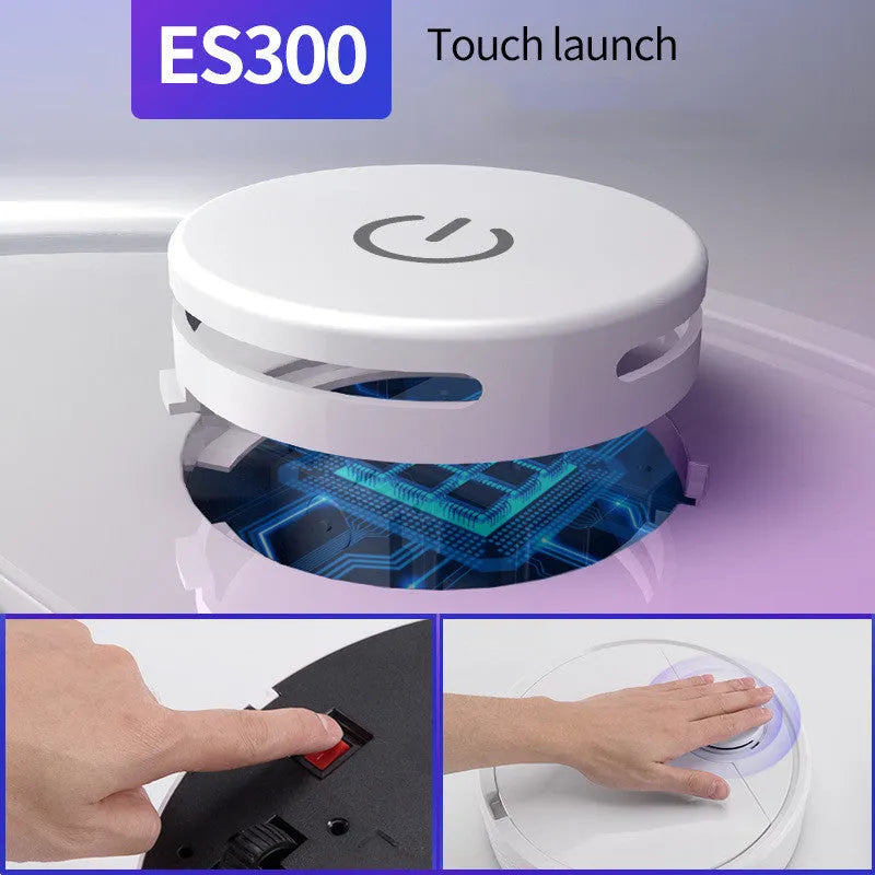 Automatic sweeping robot cleaner with circular ABS plastic body on a hard floor.