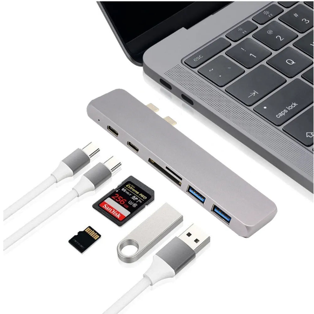Dual Type-C hub T-808 seven-in-one docking station with HDMI 4K and USB-C PD charging in silver