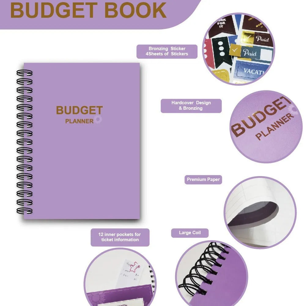 J12 purple coil-bound financial planning notebook with pen, stickers, and paper clips on a desk.