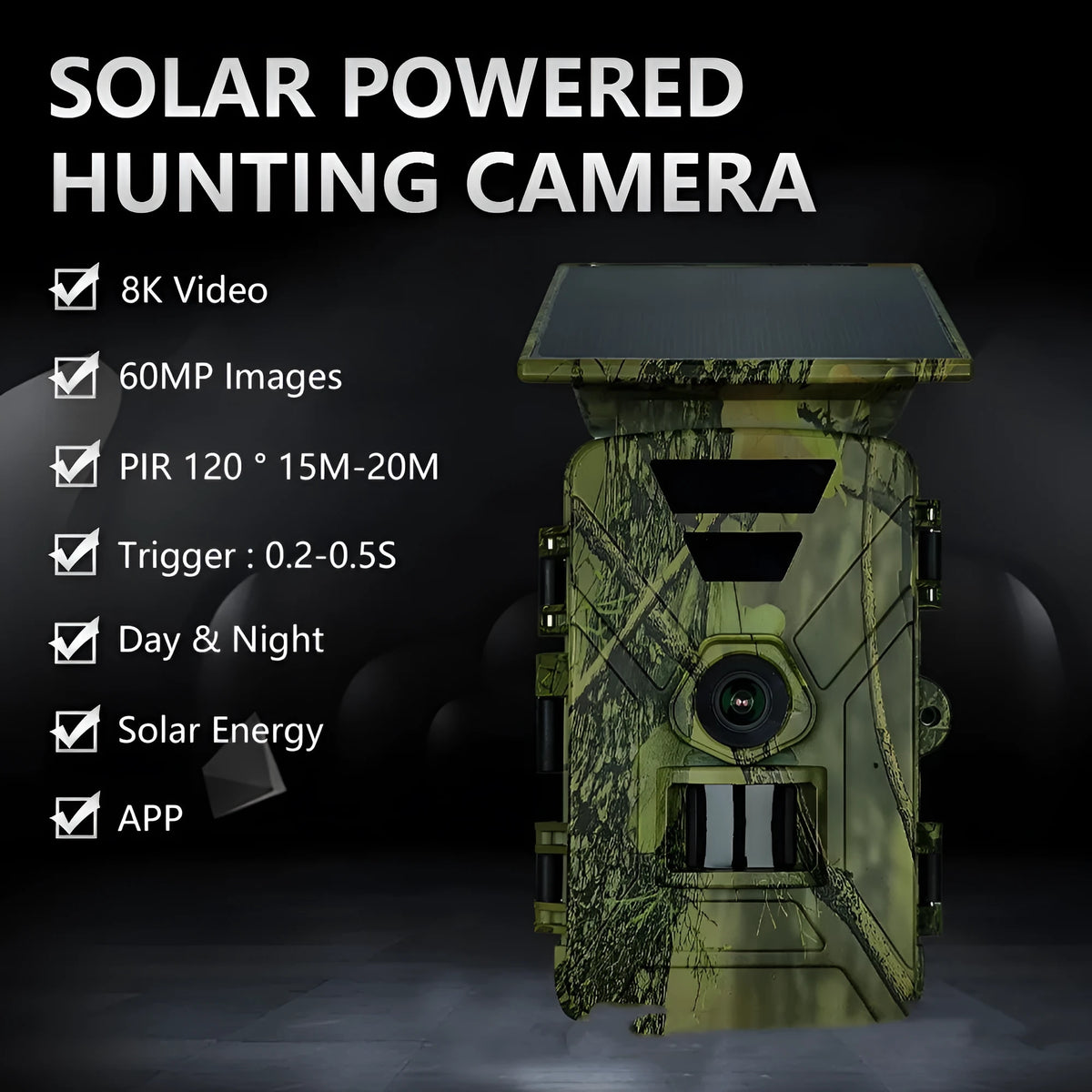 WiFi solar outdoor camera with 8K/5K resolution, Type C charging, and ABS body, 100x75x190mm.