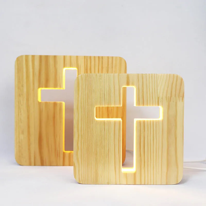 Solid wood hollow night lamp with warm white LED illumination and square wooden frame