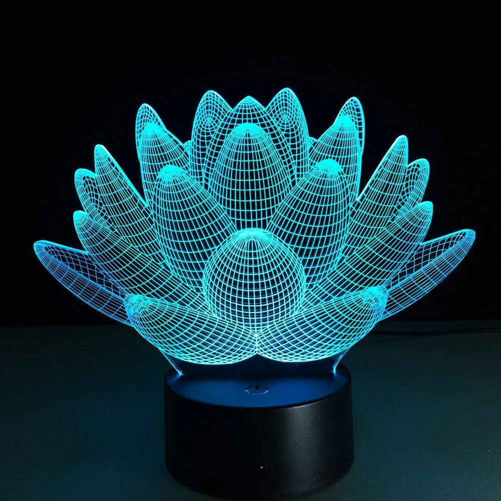 Lotus-shaped night light with acrylic shade and touch controls showing seven colour options