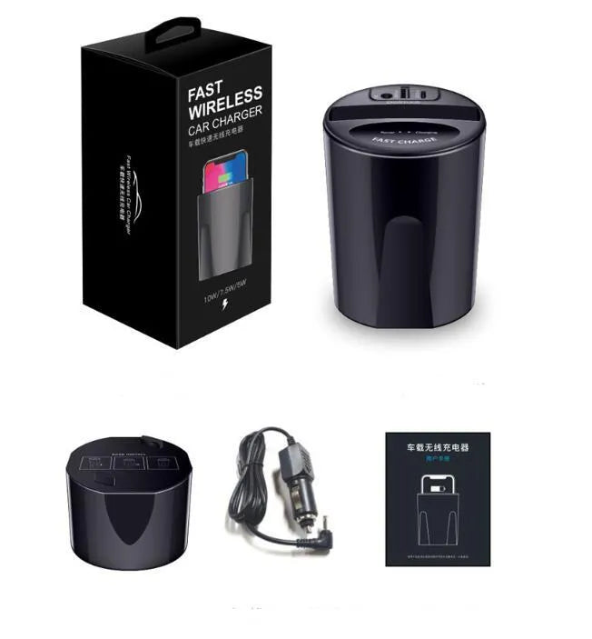 Black X9 car wireless charging cup and stand with Qi logo, showing USB and Type-C ports.