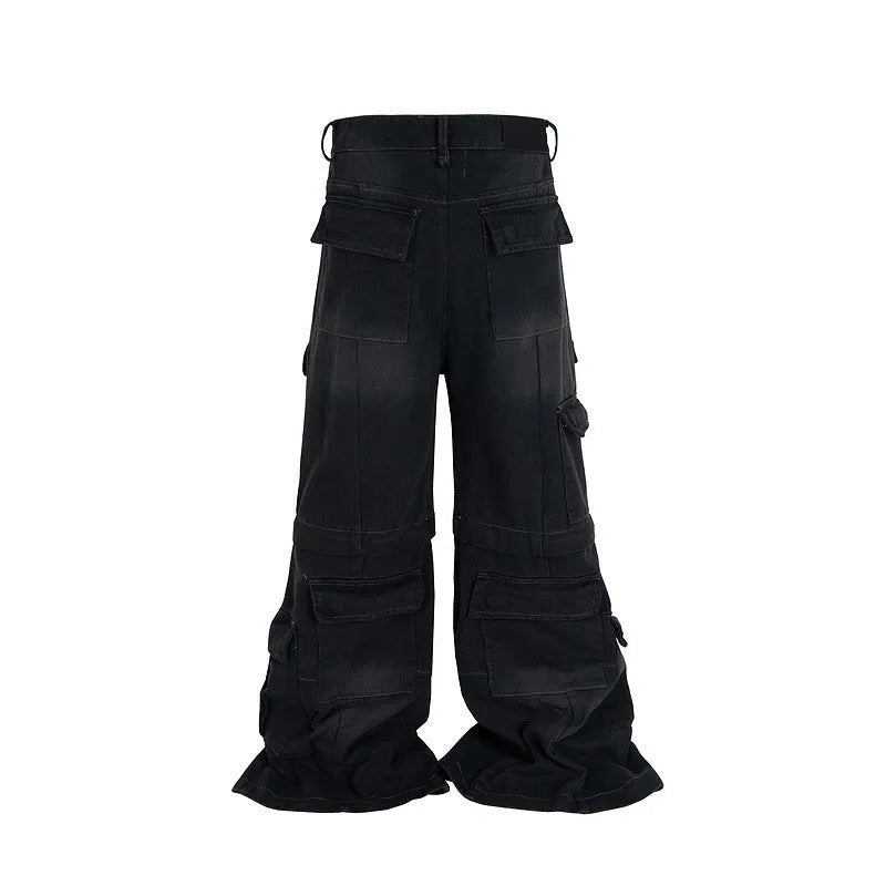 Detachable washed-out cotton overalls with multiple pockets in black or blue colours