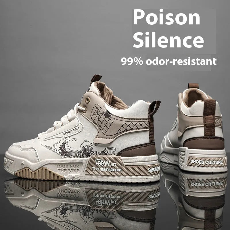Men's beige and white high-top board shoes with mesh lining and rubber soles