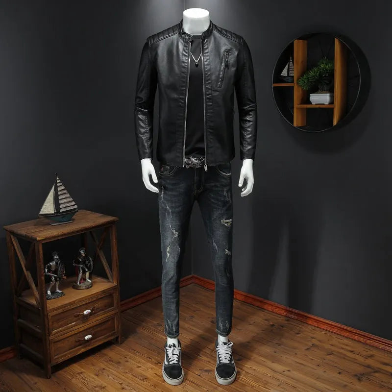 Plus size men's PU leather jacket with stand collar and zippered pockets in black