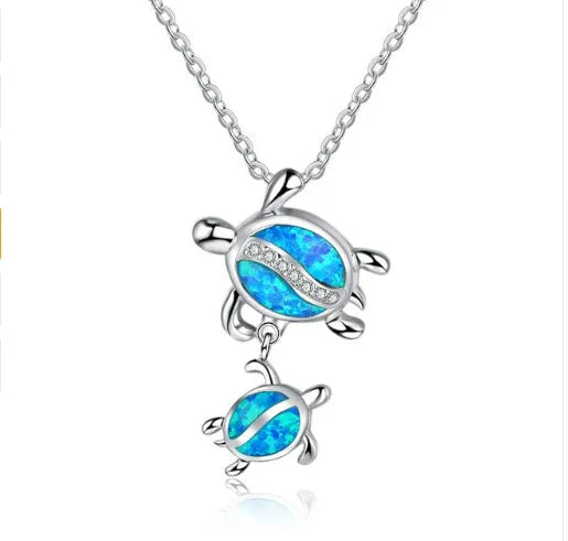 Silver filled blue opal sea turtle pendant necklace with vintage finish