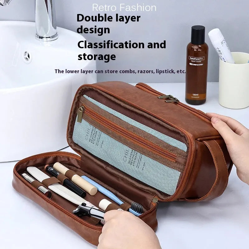 PU leather storage bag with hook in brown, black or dark brown for travel toiletries and cosmetics