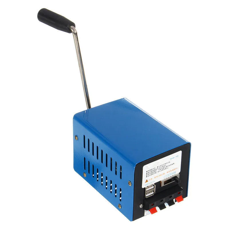 Blue metal hand crank emergency USB generator with compact 125x80x85mm dimensions
