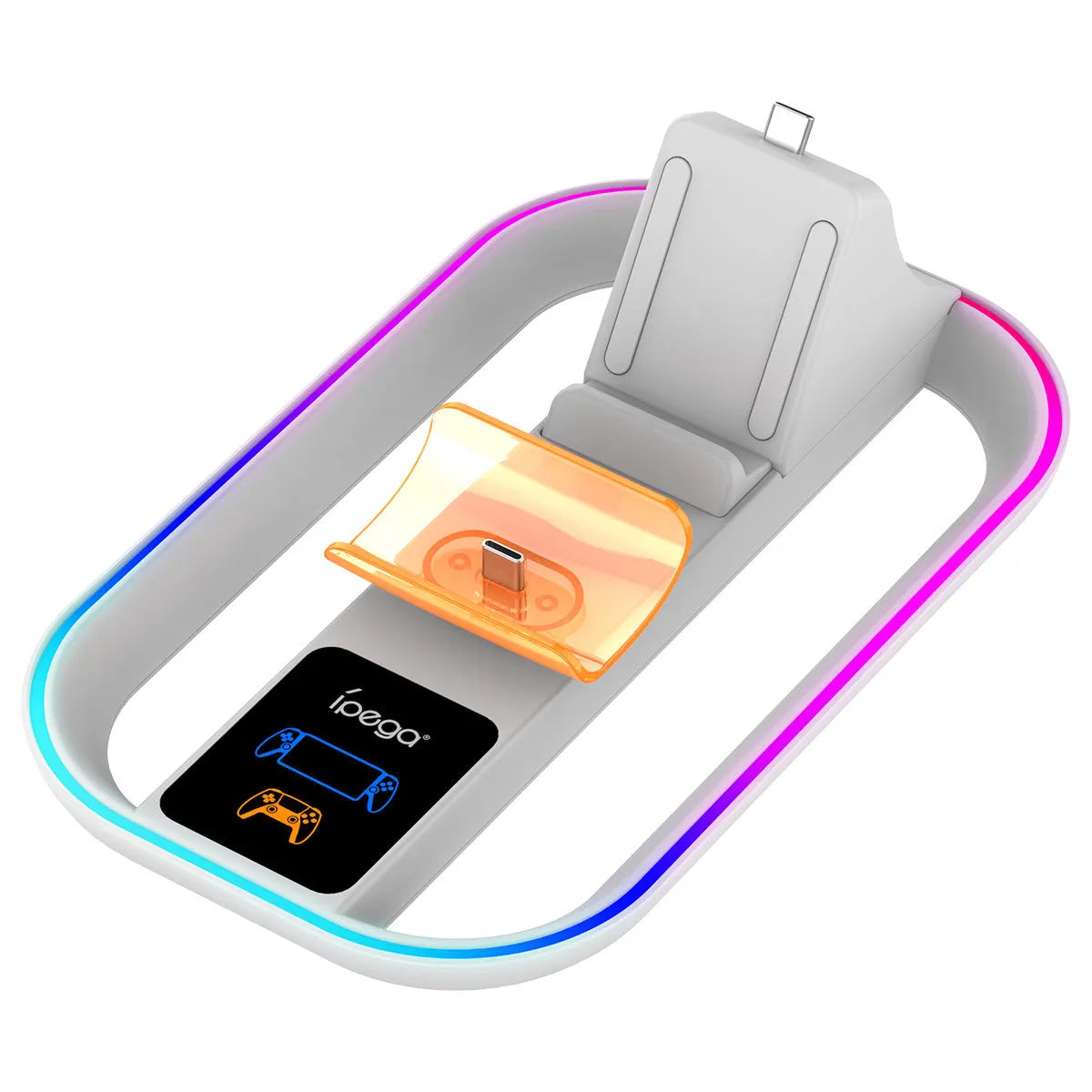 White ABS charging base for PS5 Portal and PS5 controller with colourful LED and Type-C cable