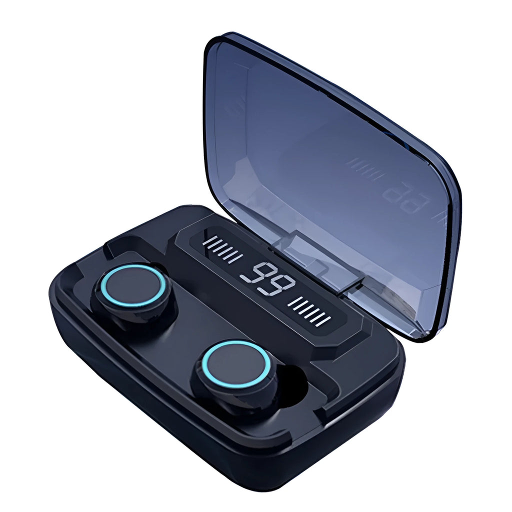 Black M11 style Bluetooth wireless headset with digital display and phone holder.
