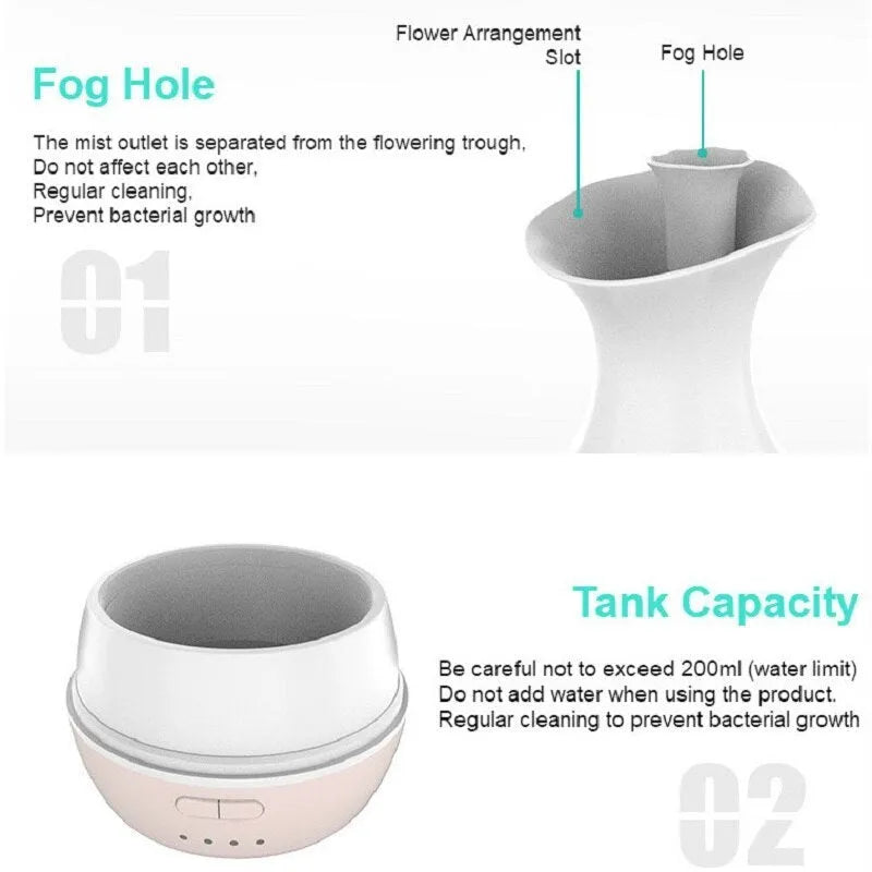 White or pink ultrasonic aromatherapy vase diffuser with 200ml capacity and colourful LED night light