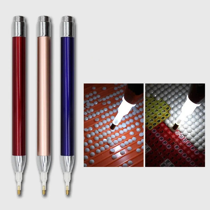 Luminous aluminium alloy drill pen for diamond painting in blue, gold or red colours