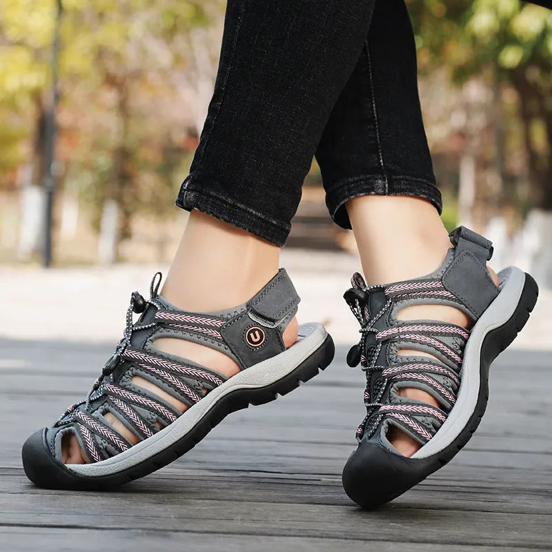 Women's leather mesh sandals with elastic band in black, grey pink, rose red, and black grey.