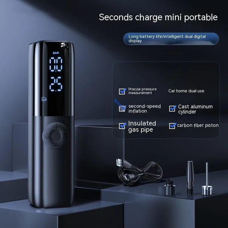 Black portable electric car air pump with tyre pressure gauge and plug
