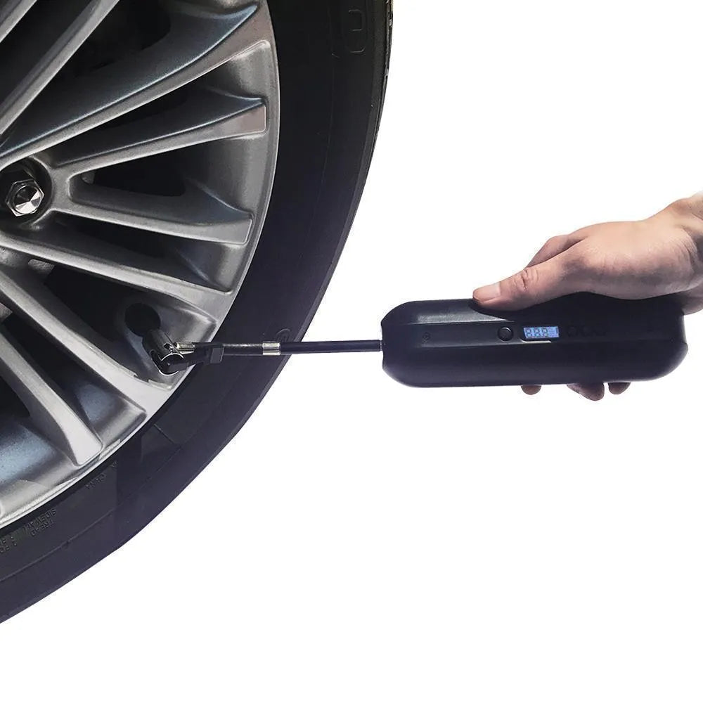Black cordless bike inflator 150PSI with LCD display, air tube, and converters, size 5 x 5 x 18cm