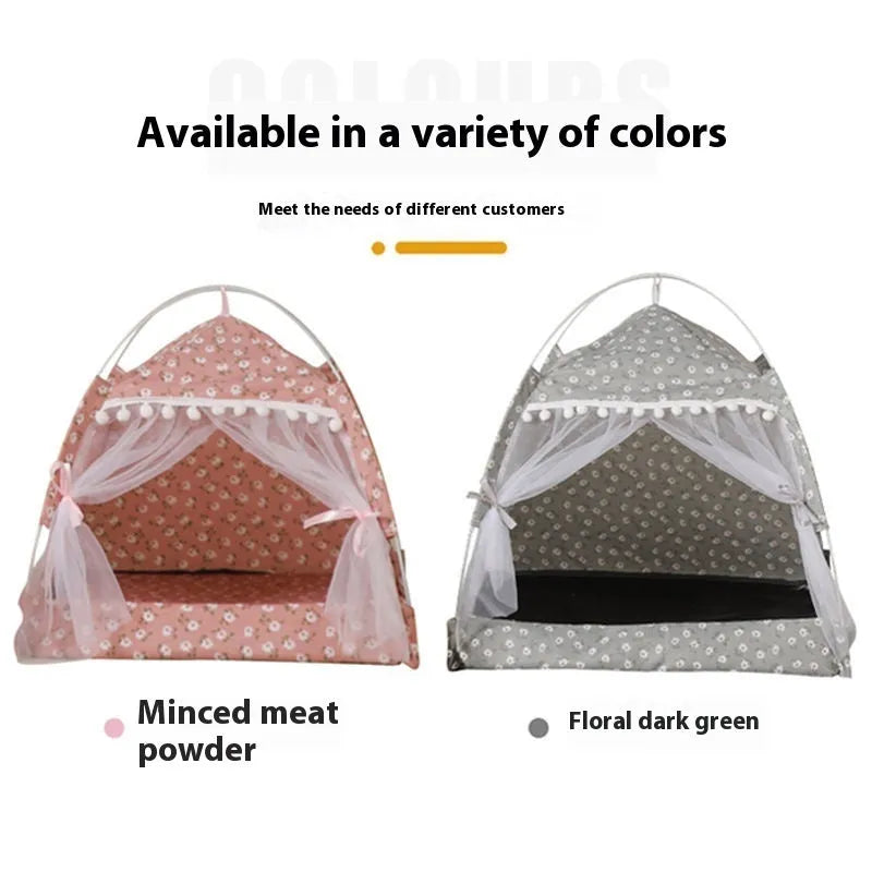 Foldable four-corner tent cat nest in dark green cloth with removable cover