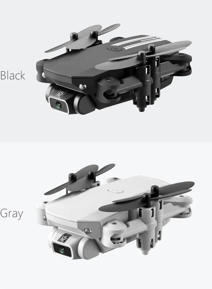 LS Mini foldable drone with 4K camera in black and grey, unfolded on a flat surface