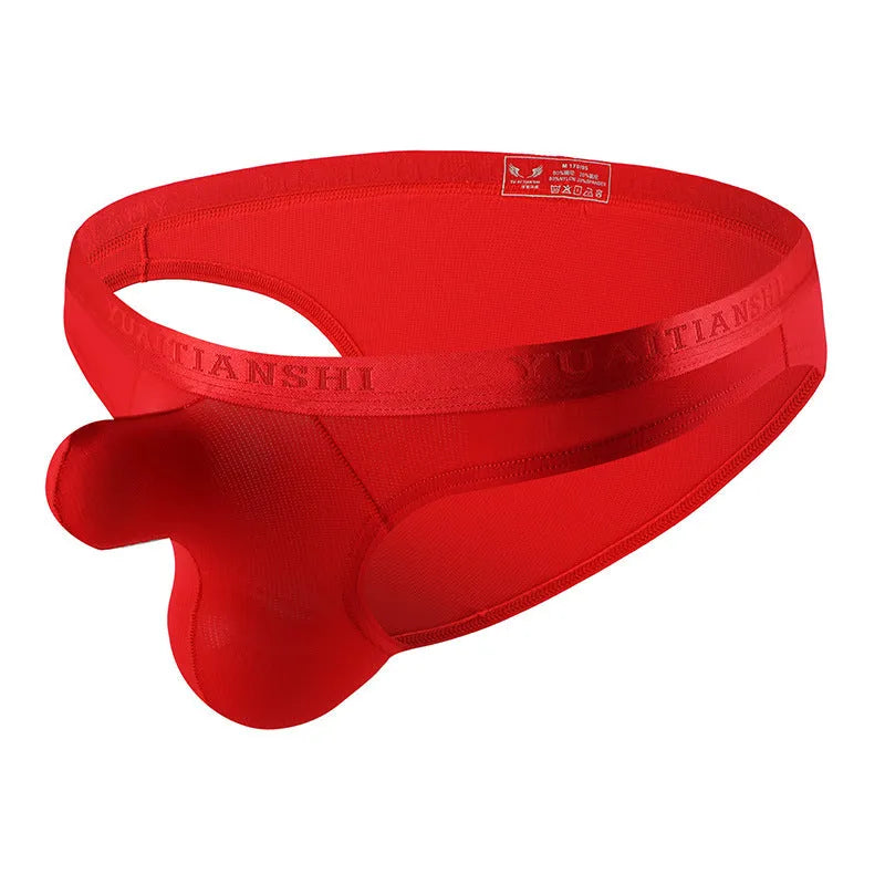 Men's thin solid colour nylon low-rise underwear in multiple colours on a white background.