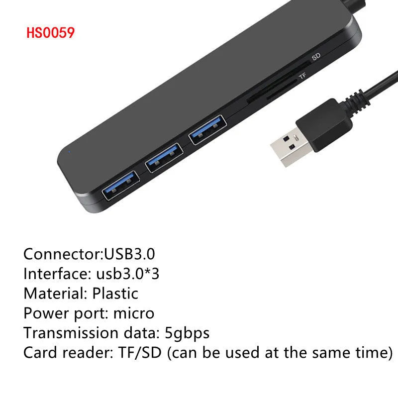 Black USB 3.0 hub with 4 Type-A ports and a 30cm connected cable on a desk.