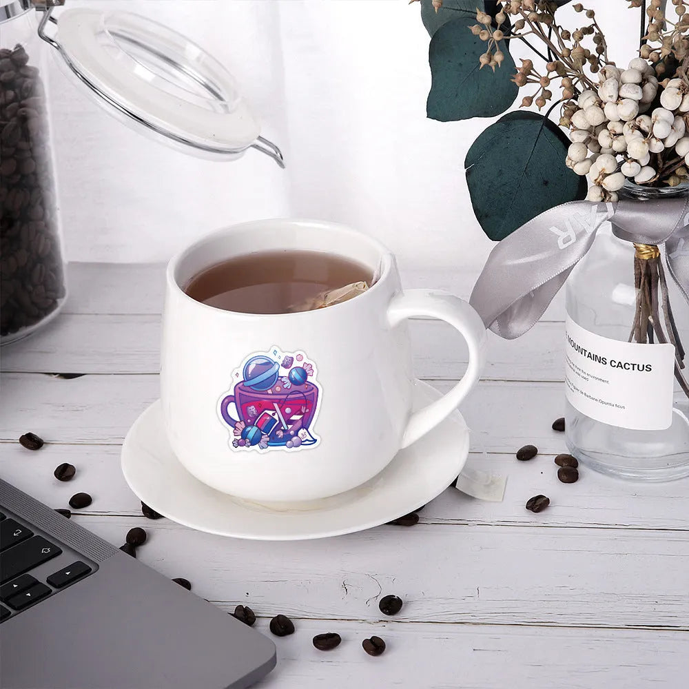 Pack of 50 colourful tea cup graffiti design waterproof stickers for DIY scooter and luggage customisation.