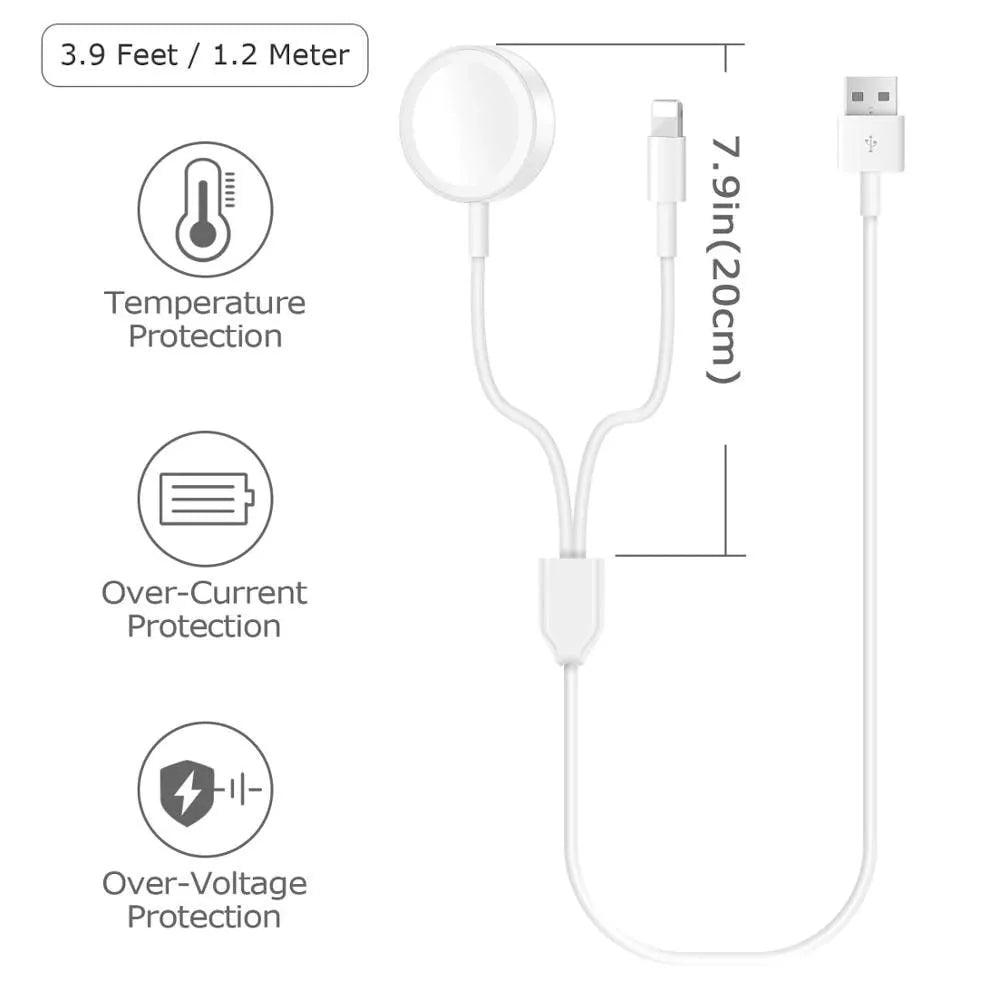 White two-in-one wireless charger for smartwatches with USB cable connection